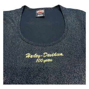 Womens Harley Davidson 100 Years North Hampton NH Black Shirt L Gold Glitter